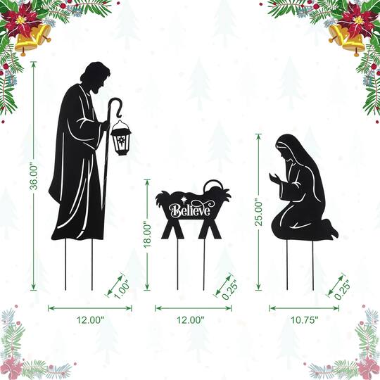 Glitzhome® Set of 3 Christmas Metal Silhouette Holy Family Yard Stake with Timer